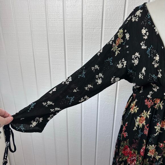 Angie Floral Boho Wrap Dress Women Large Black Rose Print Long Sleeve Midi - Picture 2 of 9
